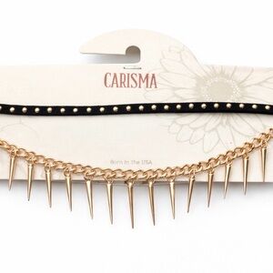 Carisma Black Studded Choker Gold Spike Chain Layered Necklace Set